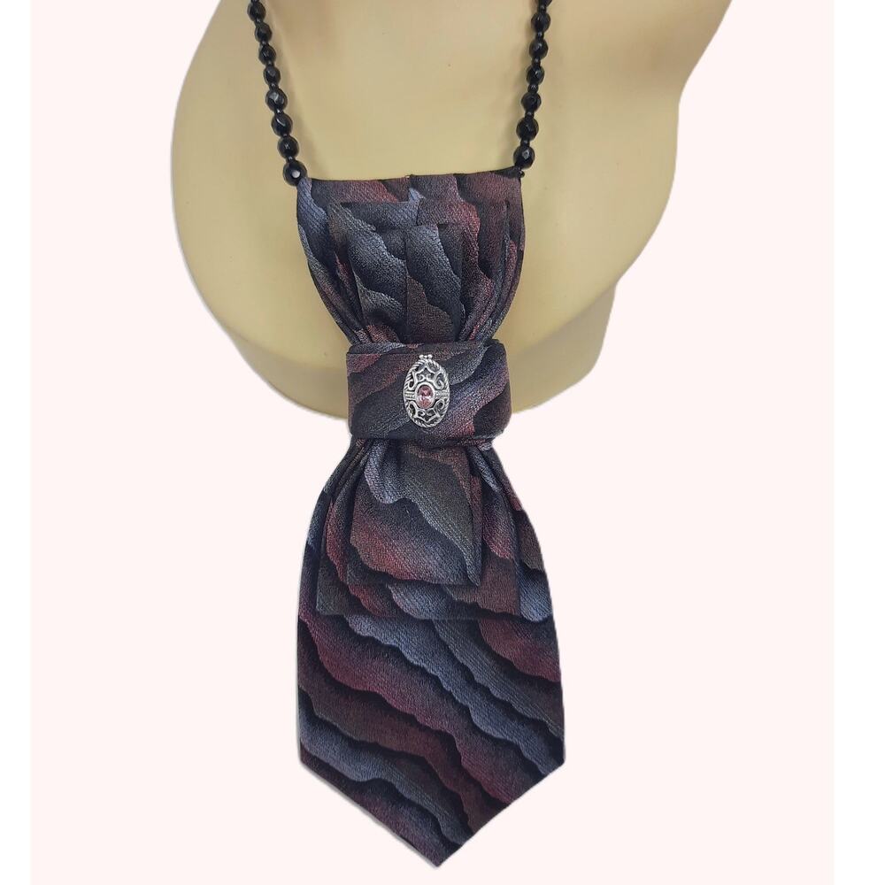 Artisan Vintage Silk Tie Pendant Necklace Abstract Gray Mauve Pink Wearable Art